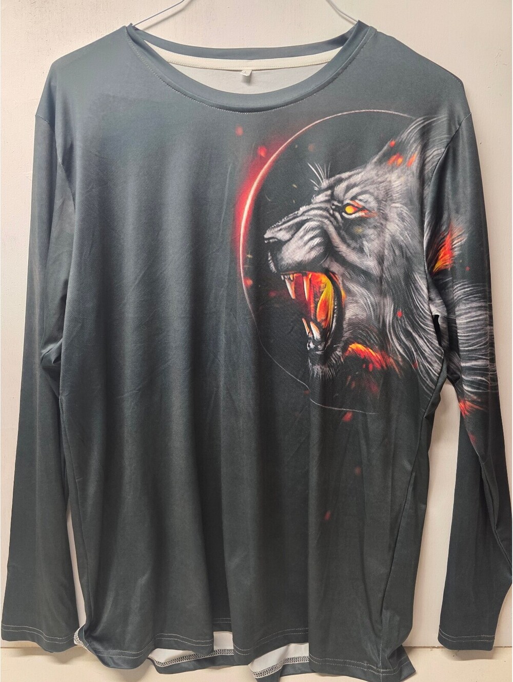 Men's Large Black Wolf Graphic Long Sleeve Shirt Red Eclipse Gothic Polyester L